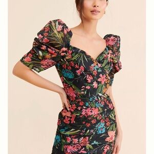 Anthropologie Black Floral Puff Sleeve Mini Dress